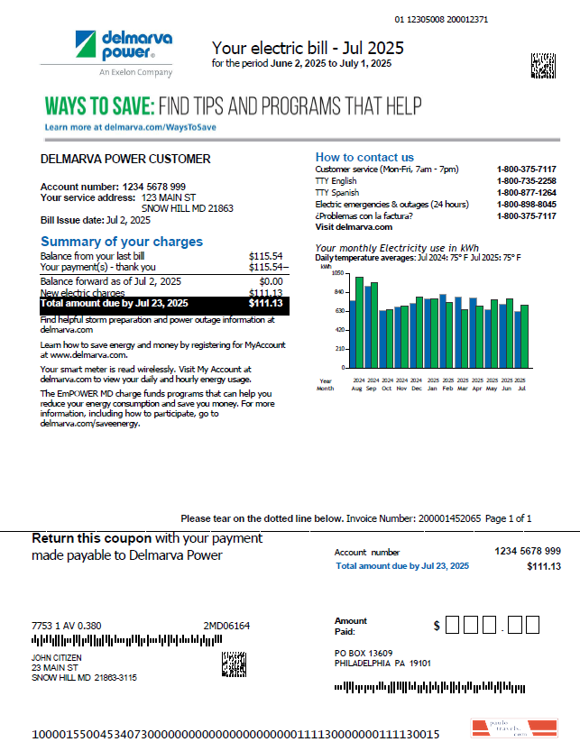 USA Delmarva Power utility bill template in Word and PDF formats, version 3